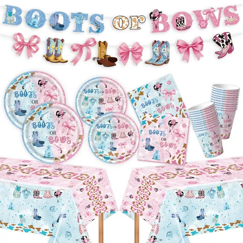 Boots Or Bows Gender Reveal Party Supplies Pink Blue Cowboy Theme Tableware Paper Plates Cups Napkins Banner Cake Topper Decor