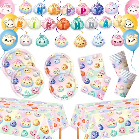 Süße Regenbogen Brötchen Thema Partyzubehör Set Geburtstag Deko Pappteller Becher Servietten Banner Tischdecke Partyzubehör