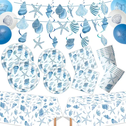 Sommer Blau Ozean Muschel Seestern Einweg Papier Geschirr Set Banner Tischdecke Servietten Becher Teller Für Kinder Geburtstag Party Deko