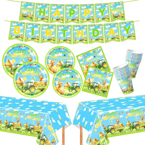 Vogelscheuche Traktor Bauernhof Thema Geburtstagsparty Einweggeschirr Zubehör Pappteller Tassen Servietten Tischdecke Banner Für Kinder Dekoration