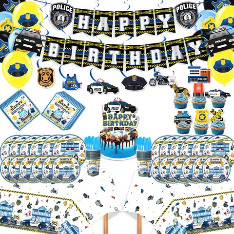 Cartoon Polizeiauto Thema Kinder Geburtstag Party Zubehör Set Pappteller Serviette Becher Tischdecke Banner Kuchen Deko