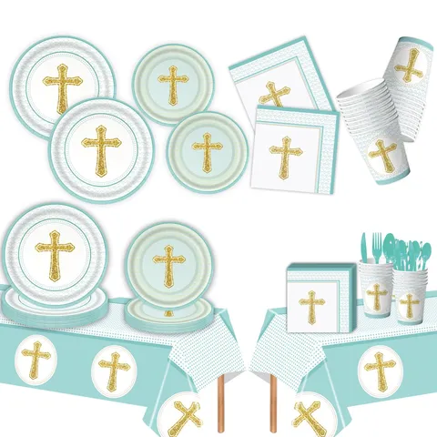 Blau Taufe Kreuz Thema Party Geschirr Set Einweg Pappteller Becher Servietten Tischdecke Besteck Für Baby Shower Religiöse Party Deko