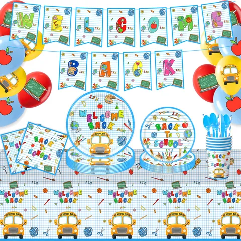 Willkommen Zurück in der Schule Thema Party Deko Blaues Gitter Pappteller Servietten Becher Tischdecke Schulbus Banner Pädagogische Feier Event Dekor