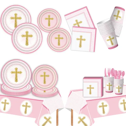 Pink Cross Theme Birthday Party Tableware Set Disposable Paper Plates Cups Napkins For Baby Baptism Venue Decoration