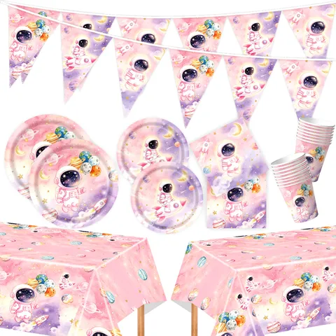 Rosa Batik Sternenhimmel Astronaut Geburtstag Party Geschirr Pappteller Servietten Becher Tischdecke Wimpel Banner Kinder Weltraum Thema Deko