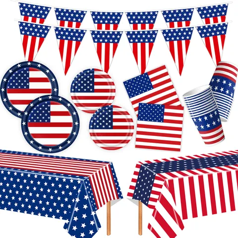 US Flagge Patriotische Thema Partygeschirr Set Pappteller Becher Servietten Banner Tischdecke Für Unabhängigkeitstag Deko Zubehör