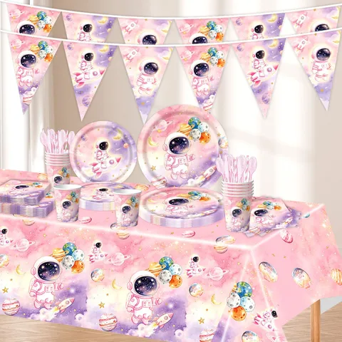 Rosa Batik Sternenhimmel Astronaut Geburtstag Party Geschirr Pappteller Servietten Becher Tischdecke Wimpel Banner Kinder Weltraum Thema Deko
