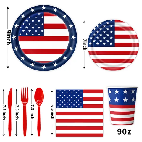 US Flagge Patriotische Thema Partygeschirr Set Pappteller Becher Servietten Banner Tischdecke Für Unabhängigkeitstag Deko Zubehör