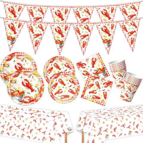 Flusskrebs Thema Einweggeschirr Set Rot Weiß Gingham Cartoon Druck Pappteller Becher Servietten Banner Tischdecke Für Sommer Seefood Party Geburtstag Dekorationen