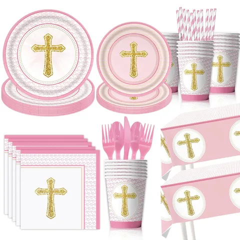 Pink Cross Theme Birthday Party Tableware Set Disposable Paper Plates Cups Napkins For Baby Baptism Venue Decoration