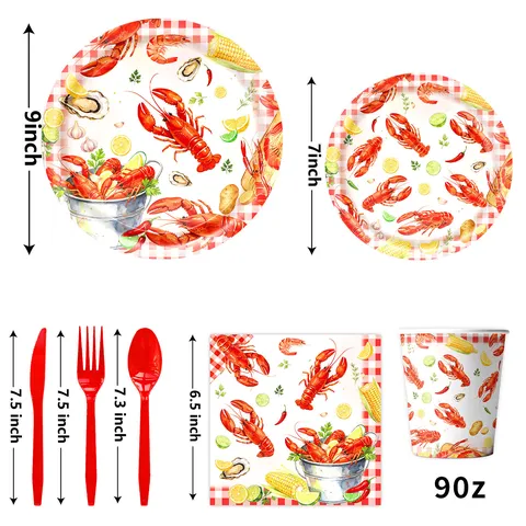Flusskrebs Thema Einweggeschirr Set Rot Weiß Gingham Cartoon Druck Pappteller Becher Servietten Banner Tischdecke Für Sommer Seefood Party Geburtstag Dekorationen