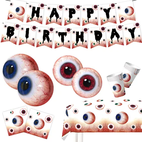 Halloween Spooky Eyeball Party Supplies Set Disposable Tableware Plates Cups Napkins Banner Tablecloth Horror Party Decorations