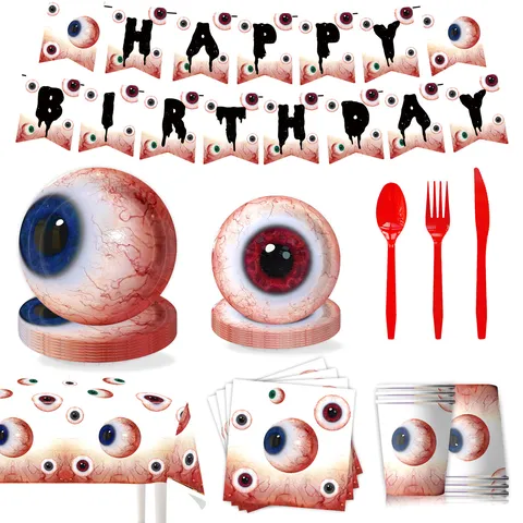 Halloween Spooky Eyeball Party Supplies Set Disposable Tableware Plates Cups Napkins Banner Tablecloth Horror Party Decorations