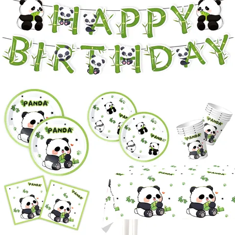 Cartoon Panda Thema Geburtstag Party Zubehör Grün Bambus Muster Happy Birthday Banner Pappteller Tassen Servietten Tischdecke Einweggeschirr Für Kinder Baby Ein Jahr Dekor
