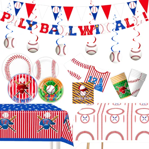 Baseball Thema Geburtstag Party Dekoration Set Einweg Pappteller Becher Servietten Tischdecke Banner Kuchen Topper Für Sport Party Zubehör