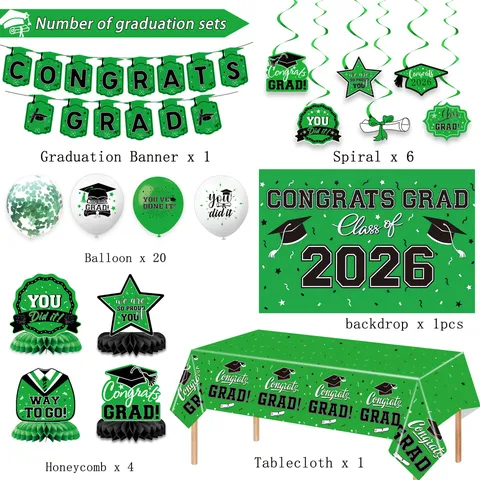 Congrats Grad Graduation Party Decorations Set Green Black Tablecloth Banner Balloons Honeycomb Centerpieces Hanging Swirls Photography Backdrop Backdrop Supplies