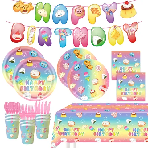 Cartoon Squishy Food Birthday Party Decorations Tableware Set Gradient Rainbow Happy Birthday Banner Paper Plates Cups Napkins Tablecloth Balloon Backdrop Supplies