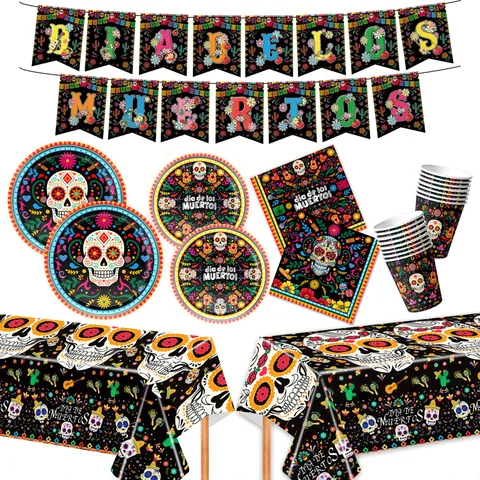 Mexikanische Tag Der Toten Thema Party Dekoration Set Totenkopf Gedruckt Banner Ballon Papier Teller Tasse Tischdecke Kuchen Topper Festliche Party Zubehör