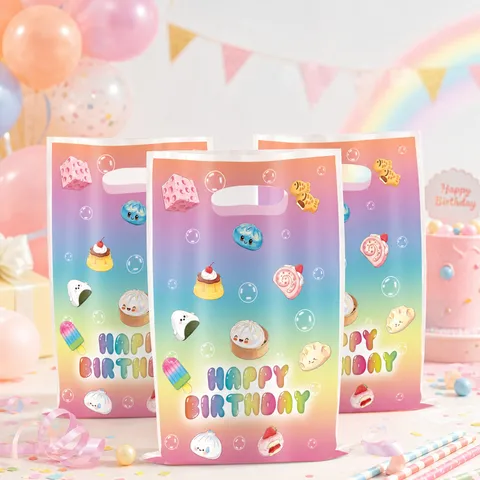 Rainbow Gradient Birthday Party Gift Bags Cartoon Food Squishy Theme Plastic Handheld Goodie Bags For Kids Birthday Party Favors Candy Packaging
