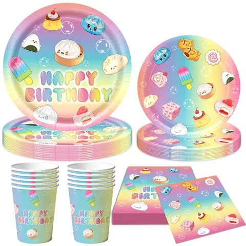Cartoon Squishy Food Birthday Party Decorations Tableware Set Gradient Rainbow Happy Birthday Banner Paper Plates Cups Napkins Tablecloth Balloon Backdrop Supplies