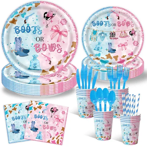 Boots Or Bows Gender Reveal Party Supplies Pink Blue Cowboy Theme Tableware Paper Plates Cups Napkins Banner Cake Topper Decor