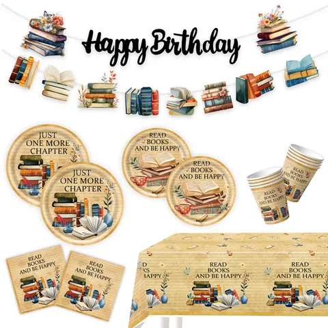 Vintage Buch Thema Partygeschirr-Set Einweg-Pappteller Becher Servietten Tischdecke Banner Für Lese Geburtstag Partyzubehör