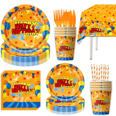 Orange Cartoon Theme Kids Birthday Party Disposable Tableware Set Paper Plates Cups Napkins Tablecloth Banner Party Supplies