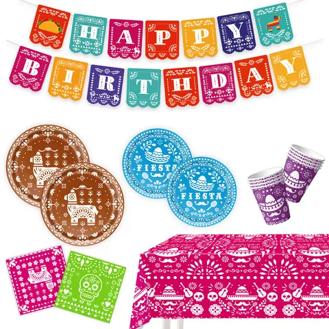 Mexikanisches Tag Der Toten Thema Party Geschirr Set Totenkopf Alpaka Pappteller Becher Servietten Tischdecke Banner Halloween Fiesta Dekoration