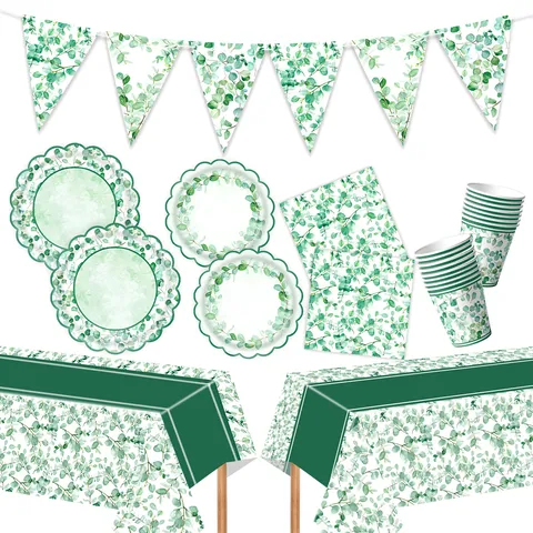 Eucalyptus Sage Theme Disposable Party Tableware Set Paper Plates Cups Napkins Tablecloth Banner For Baby Shower Birthday Wedding Baptism Party Supplies