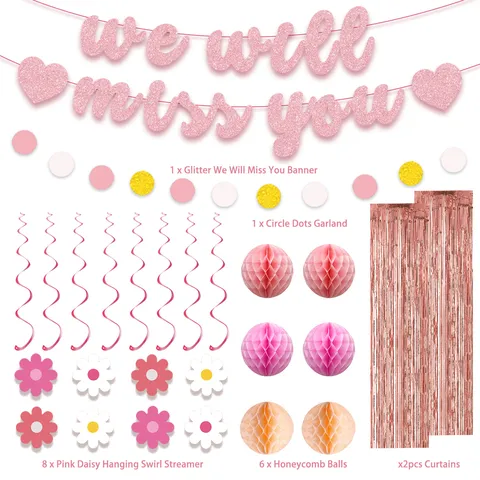 Pink Retirement Party Decorations We Will Miss You Banner Daisy Hanging Swirls Rose Gold Fringe Curtains Honeycomb Balls Balloons