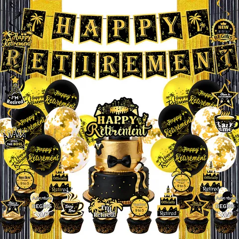 Kit de Decoraciones de Fiesta de Jubilación Oro Negro Happy Retirement Banner Cake Toppers Globos Espirales Suministros Fiesta