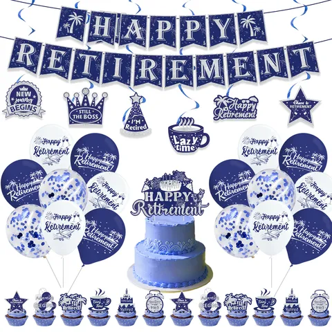 Blue Silver Happy Retirement Party Decorations Set Backdrop Banner Spiral Swirls Cake Toppers Balloons Hanging Ornaments Kit For Men Women Celebrations