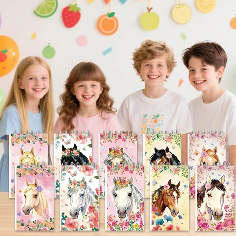 Juego de Mini Cuadernos de Espiral con Tema de Carreras de Caballos Diario de Bolsillo Portátil con Flores de Acuarela para Estudiantes