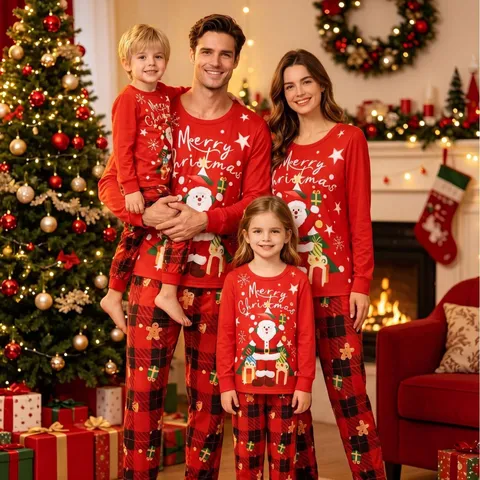 Familie Kerstmis Pyjama Top And Bottom Kerstman Print Lange Mouw Rood Geruit Nachtkleding Voor Dames Heren Kinderen Vakantie Home Wear