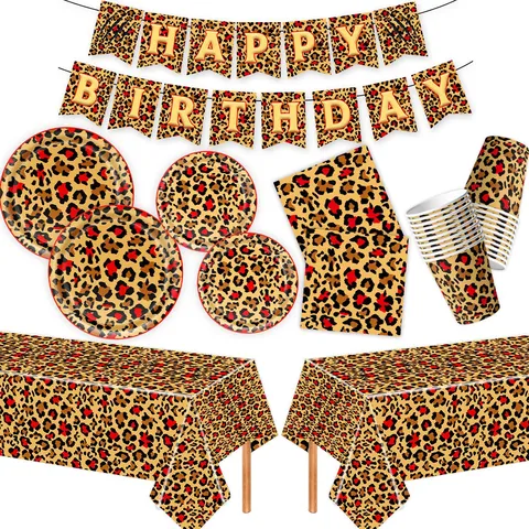 Rotes Leopardenmuster Thema Geburtstag Party Zubehör Set Pappteller Servietten Becher Tischdecke Banner Kuchen Deko Goldene Strohhalme Besteck Dekoration Pack