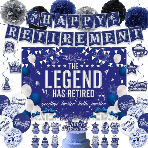 Blue Silver Happy Retirement Party Decorations Set Backdrop Banner Spiral Swirls Cake Toppers Balloons Hanging Ornaments Kit For Men Women Celebrations