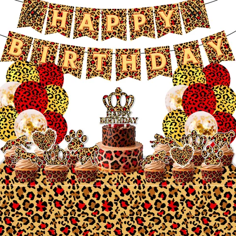 Rotes Leopardenmuster Thema Geburtstag Party Zubehör Set Pappteller Servietten Becher Tischdecke Banner Kuchen Deko Goldene Strohhalme Besteck Dekoration Pack