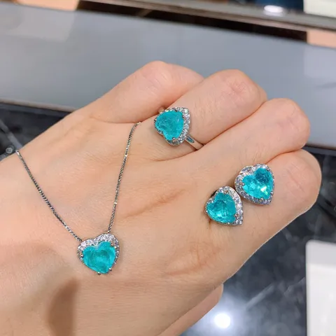 Herzform Paraiba Optik Kupfer Strass Anhänger Halskette Ohrstecker Verstellbarer Offener Ring Schmuck Kollektion Für Damen