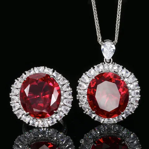 Juego de Joyas de Strass de Cobre Chapado en Oro Geométrico Colgante Ovalado Rojo Azul Collar Anillo Abierto para Mujer Banquete
