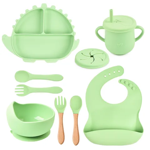 Juego de Plato Dividido Tuchara Tenedor Babero Dinosaurio de Silicona para Bebé Vajilla