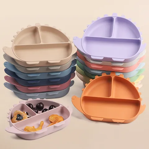 Juego de Plato Dividido Tuchara Tenedor Babero Dinosaurio de Silicona para Bebé Vajilla