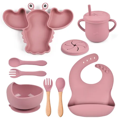 Silicone Baby Feeding Set Lobster Divided Dinner Plate Suction Bowl Straw Cup Bib Spoon Fork Tableware Set For Infant Kids