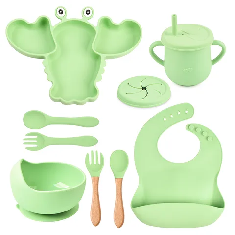 Silicone Baby Feeding Set Lobster Divided Dinner Plate Suction Bowl Straw Cup Bib Spoon Fork Tableware Set For Infant Kids