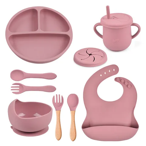 Baby Silicone Tableware Set Toddler Suction Plate Bowl Straw Cup Bib Spoon Fork Feeding Set