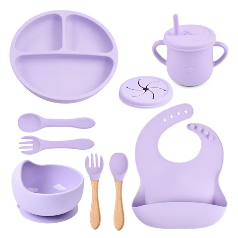 Baby Silicone Tableware Set Toddler Suction Plate Bowl Straw Cup Bib Spoon Fork Feeding Set