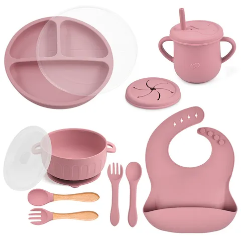 Set de Alimentación de Silicona para Bebé Plato Dividido Cuenco con Ventosa Vaso Babero Cubertería Regalo