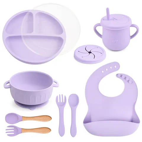 Set de Alimentación de Silicona para Bebé Plato Dividido Cuenco con Ventosa Vaso Babero Cubertería Regalo