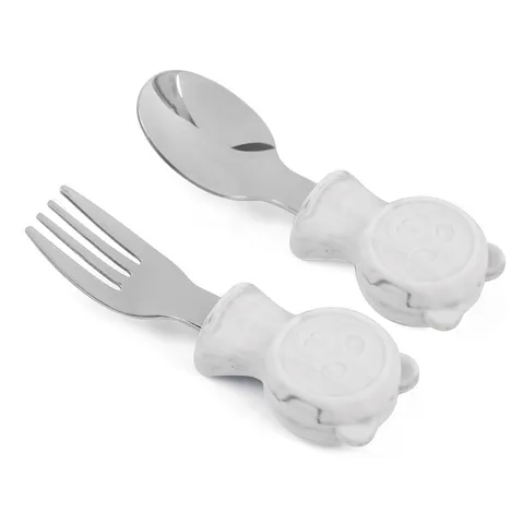 Baby Fork And Spoon Set Silicone Stainless Steel Toddler Self Feeding Training Utensils Cute Bear Design Cutlery