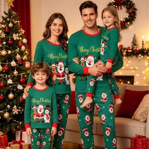 Set Pigiama di Natale Coordinato per Famiglia Manica Lunga Girocollo Stampa Babbo Natale Abbigliamento Notturno
