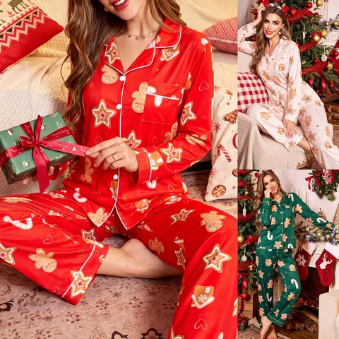 Femmes Noël Motif Bonhomme en Pain d'Épices Pyjama Manches Longues Revers Boutonné Vêtements de Nuit